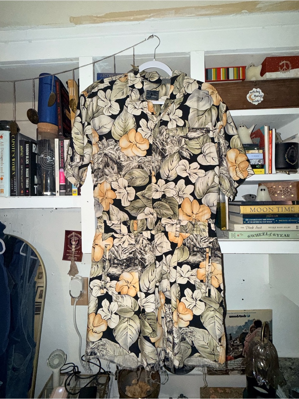 Black Floral Short Sleeve Romper with Cream & Mustard Blooms